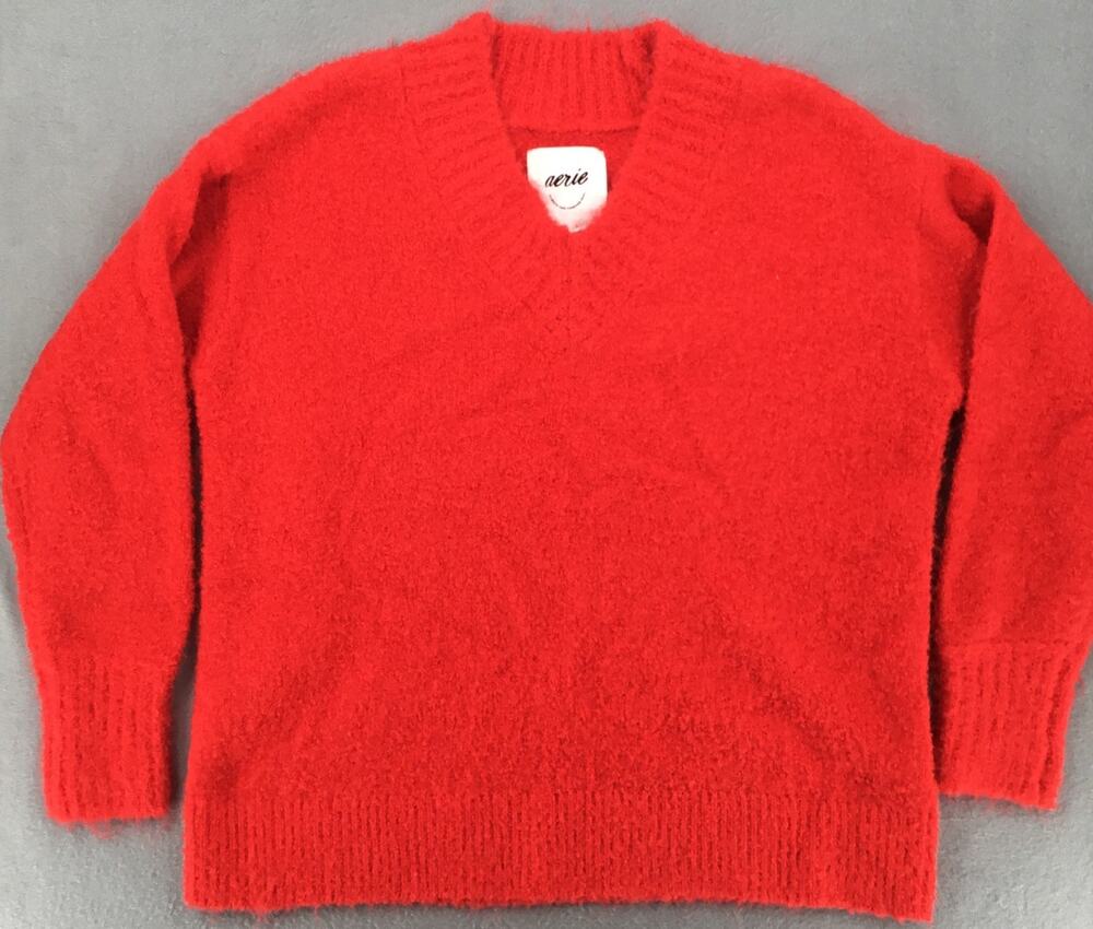 Aerie NWT Fuzzy Red Boucle V-Neck Sweater Size Small